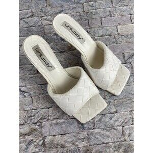 Unilady Womens Sz 9 White Thatched Open Square Toe Slip On Spike Heels
